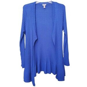 Chico's Travelers Wool Blend Blue Ribbed Knit Open Front Long Cardigan Sz 3 (XL)